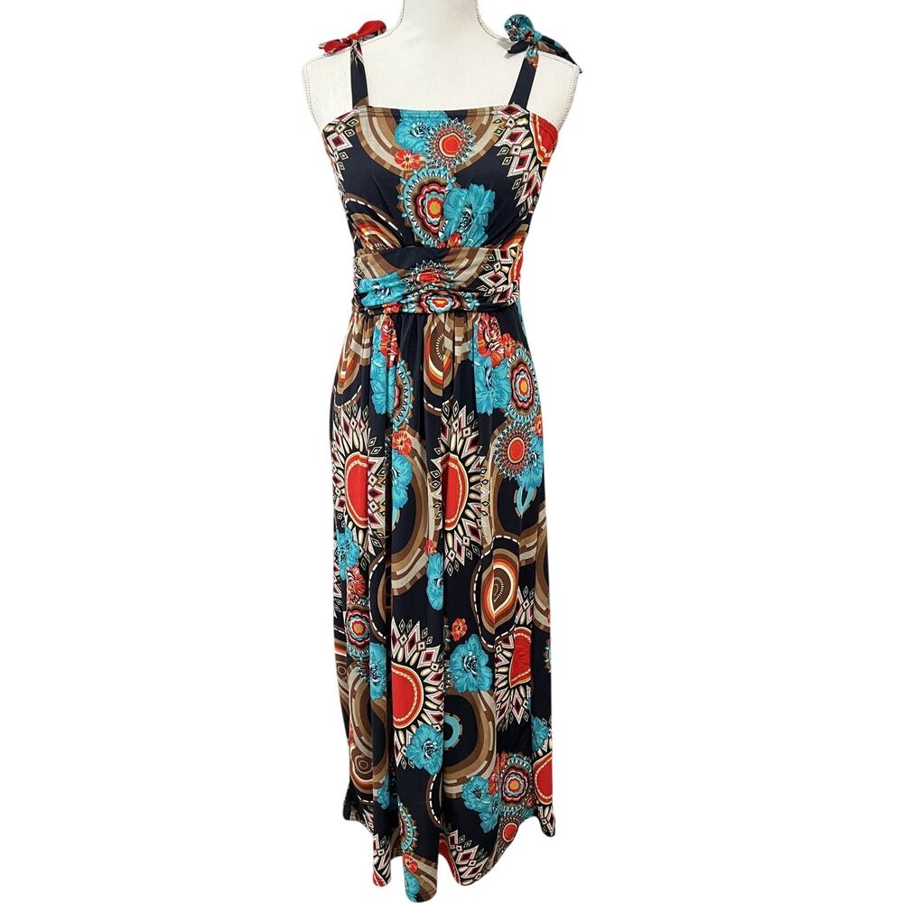 WinWin Pleated Maxi Dress Womens Small Medium Black Boho Floral Geometric Summer